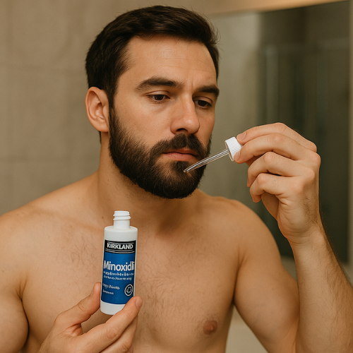 homem usando minoxidil kirkland na barba